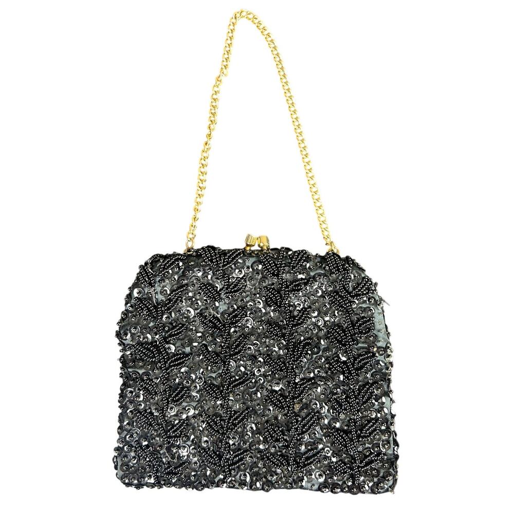 Vtg mini Black Beaded purse, kisslock gold tone chain- Intricate Vine Design